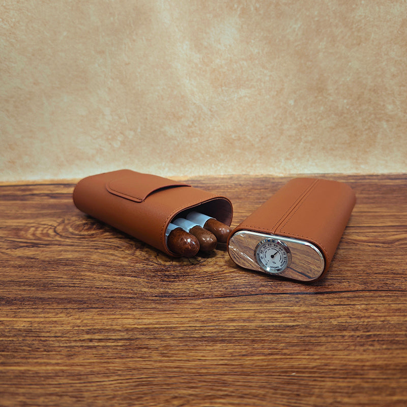 3-Cigar Genuine Leather Cigar Box with Top Hygrometer Display, Portable with Hygrometer Dial and Cedar Wood Lining