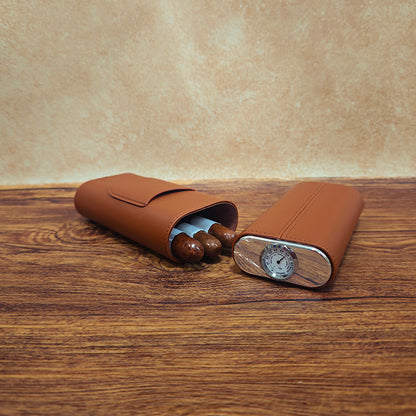 3-Cigar Genuine Leather Cigar Box with Top Hygrometer Display, Portable with Hygrometer Dial and Cedar Wood Lining