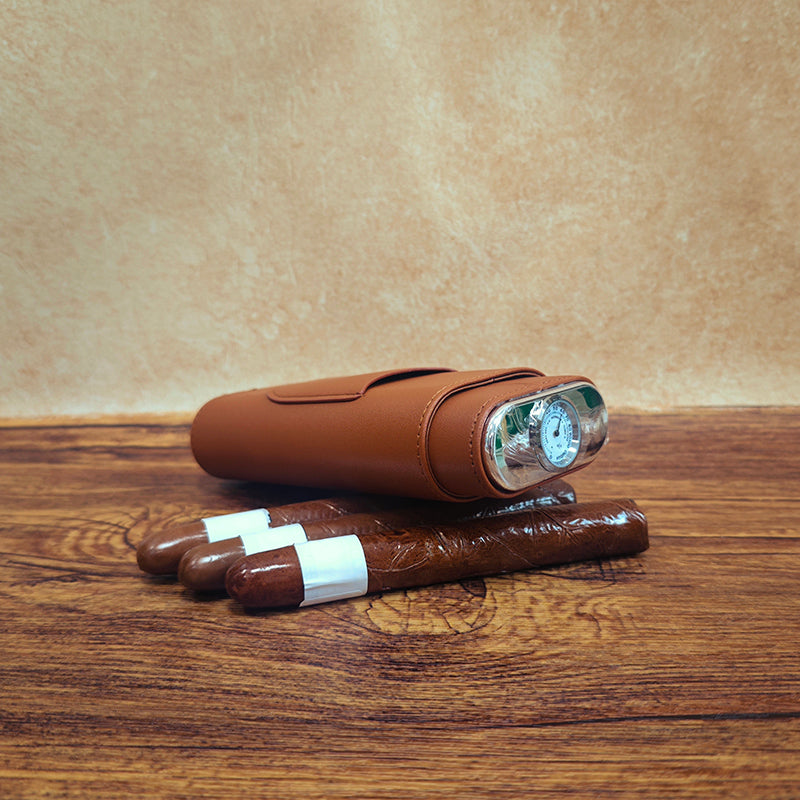 3-Cigar Genuine Leather Cigar Box with Top Hygrometer Display, Portable with Hygrometer Dial and Cedar Wood Lining
