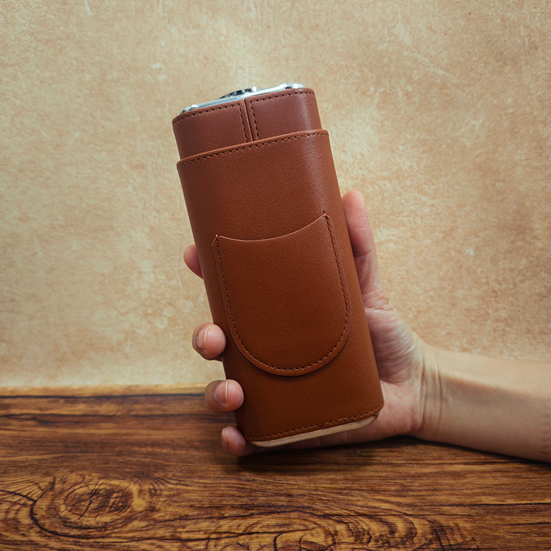 3-Cigar Genuine Leather Cigar Box with Top Hygrometer Display, Portable with Hygrometer Dial and Cedar Wood Lining