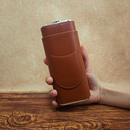 3-Cigar Genuine Leather Cigar Box with Top Hygrometer Display, Portable with Hygrometer Dial and Cedar Wood Lining