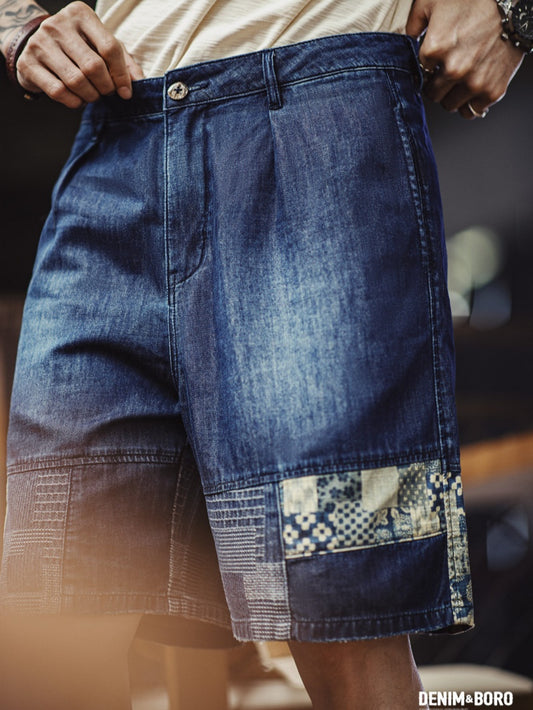 Retro Boro Style Washed Denim Cloth Spliced Denim Shorts