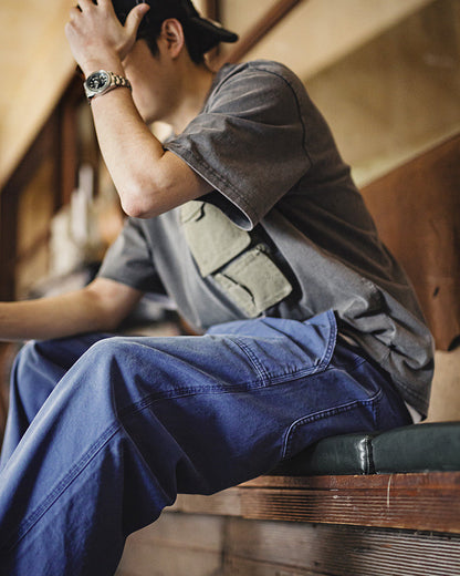 Vintage Overalls Blue Washed Canvas Loose Straight Casual Pants