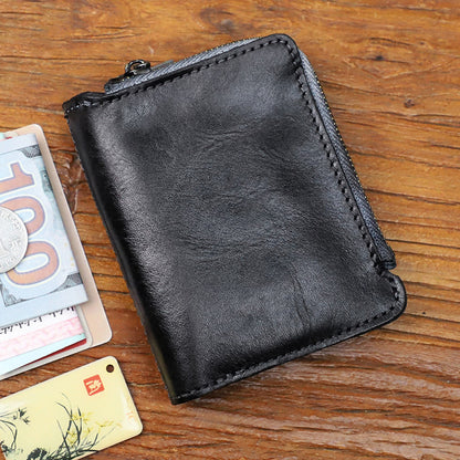 Retro Handmade Leather Zipper Solid Small Bifold Wallet