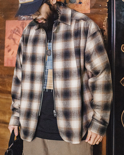 Vintage Plaid Zip Shirt Lapel Cotton Jacket Cardigan