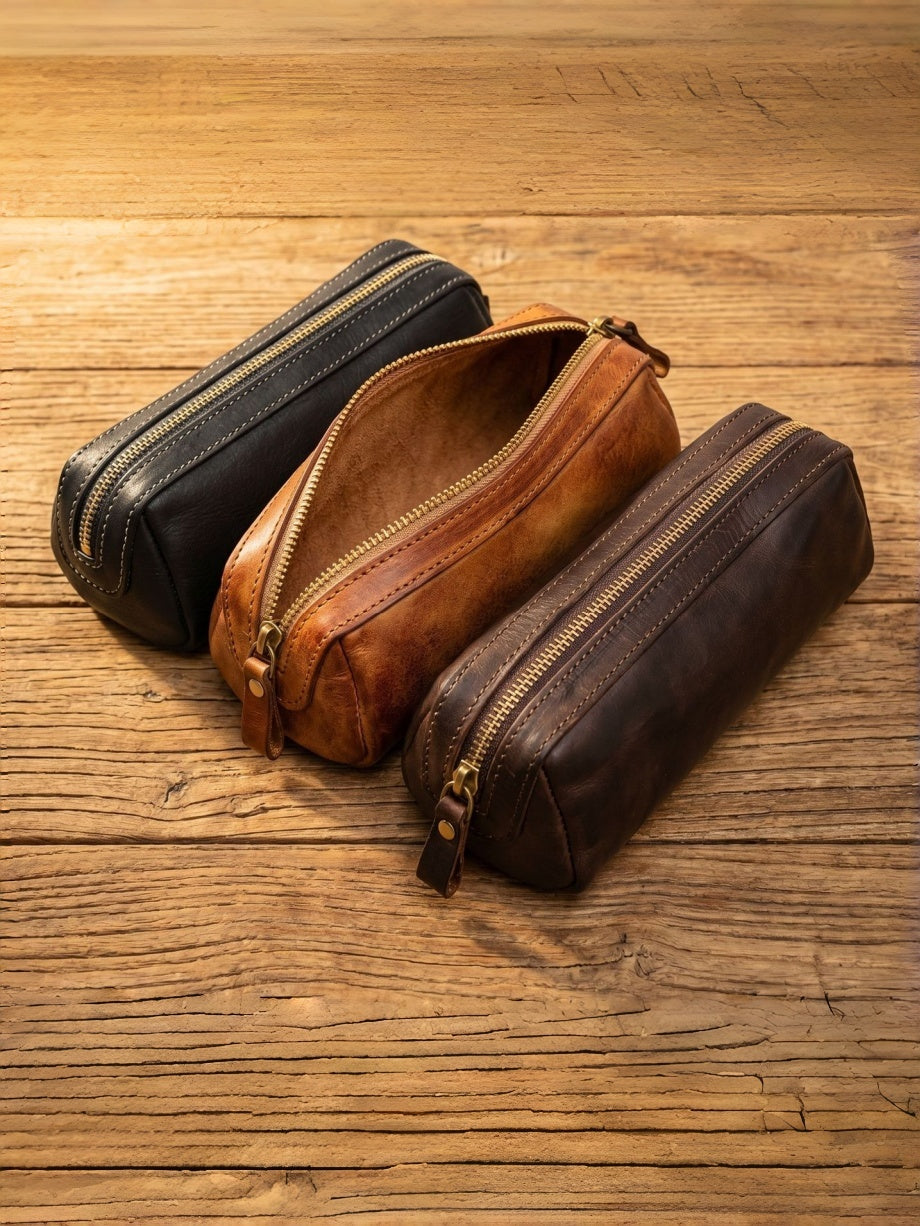 Retro Handmade Leather Pencil Case Travel Storage Bag Cosmetic Bag