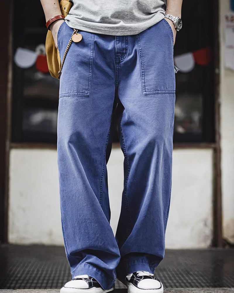 Vintage Overalls Blue Washed Canvas Loose Straight Casual Pants
