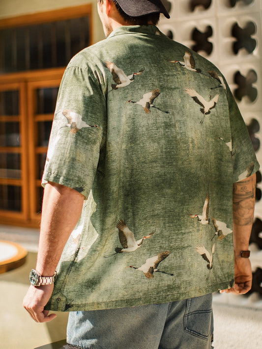 Retro Crane Print Breathable Short Sleeve Shirt