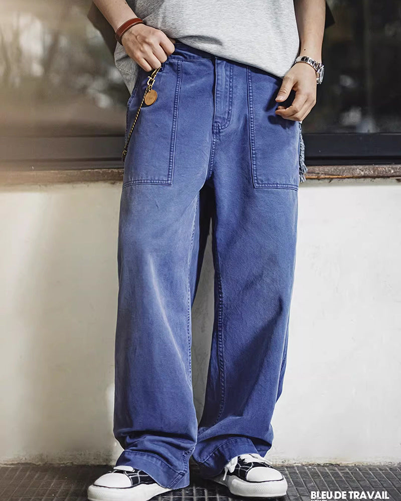 Vintage Overalls Blue Washed Canvas Loose Straight Casual Pants