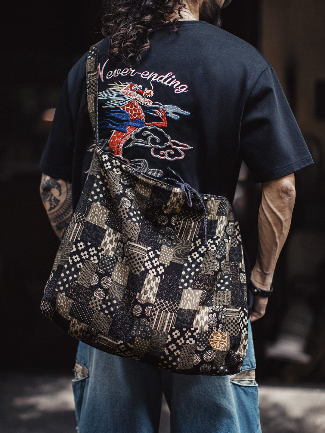 Vintage Cloth Double-Sided Denim Crossbody Bag Large Capacity Tote Bag
