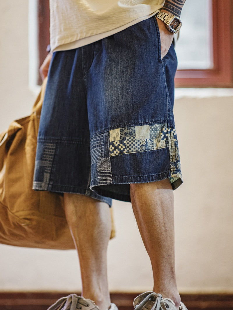Retro Boro Style Washed Denim Cloth Spliced Denim Shorts