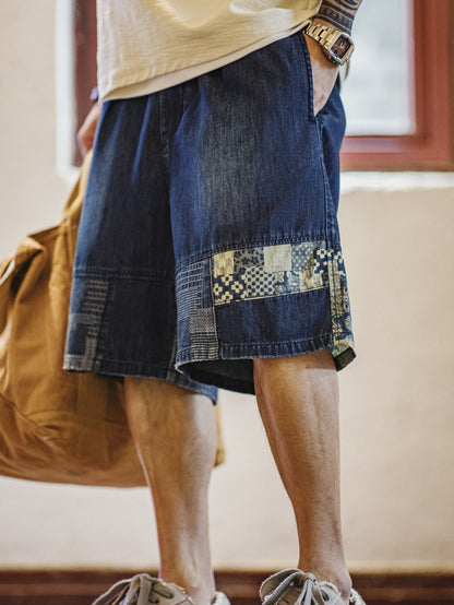 Retro Boro Style Washed Denim Cloth Spliced Denim Shorts