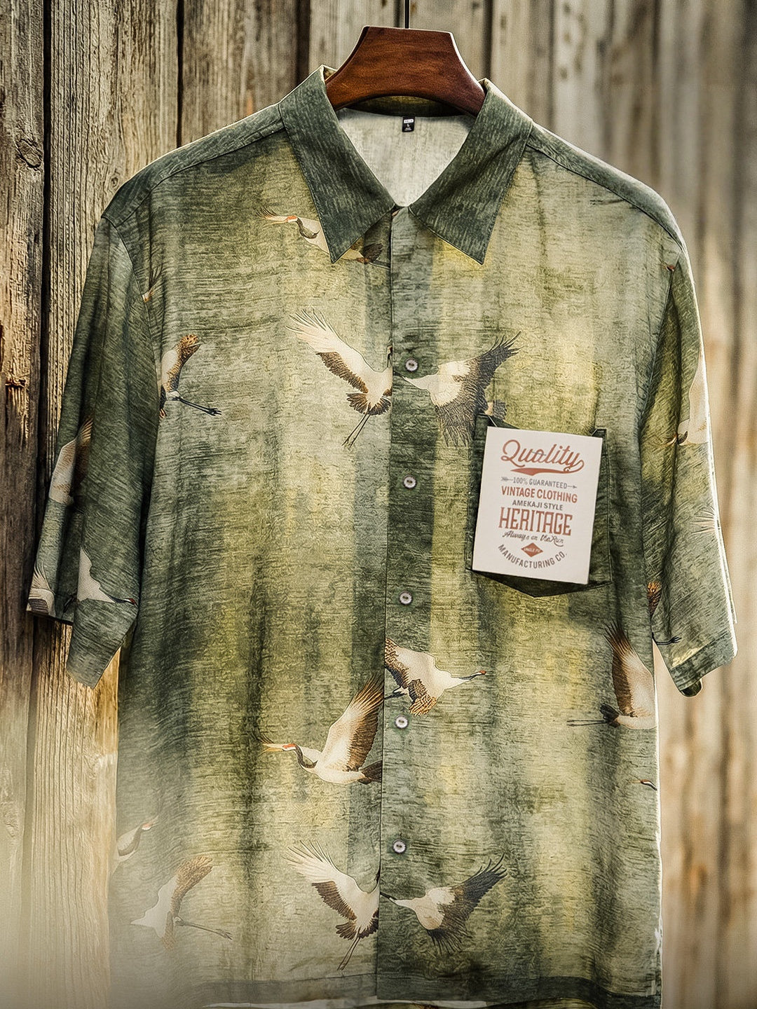 Retro Crane Print Breathable Short Sleeve Shirt