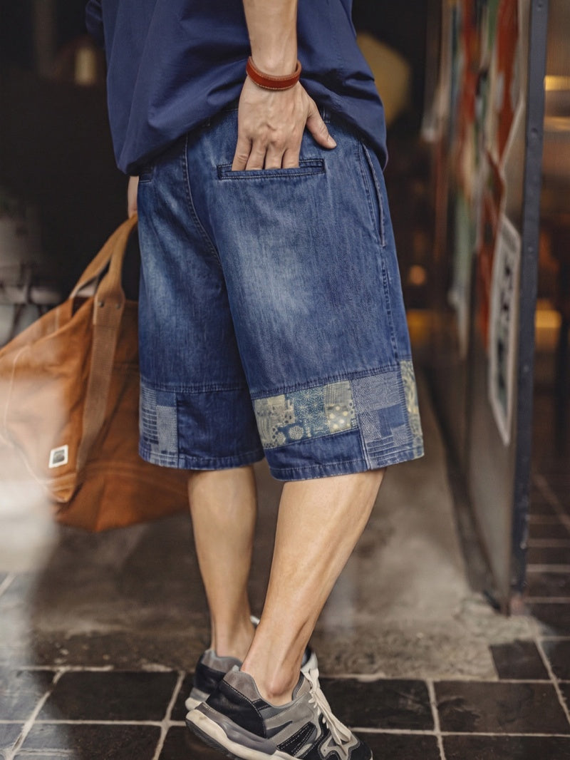 Retro Boro Style Washed Denim Cloth Spliced Denim Shorts