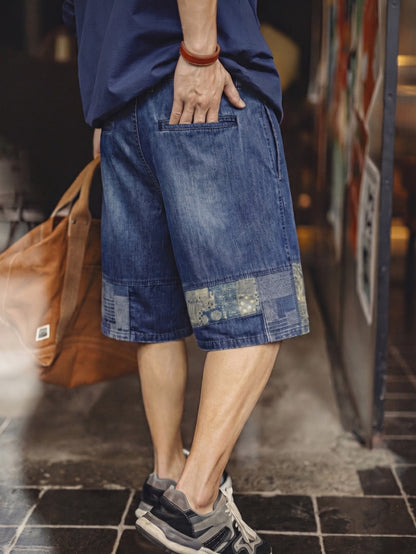 Retro Boro Style Washed Denim Cloth Spliced Denim Shorts