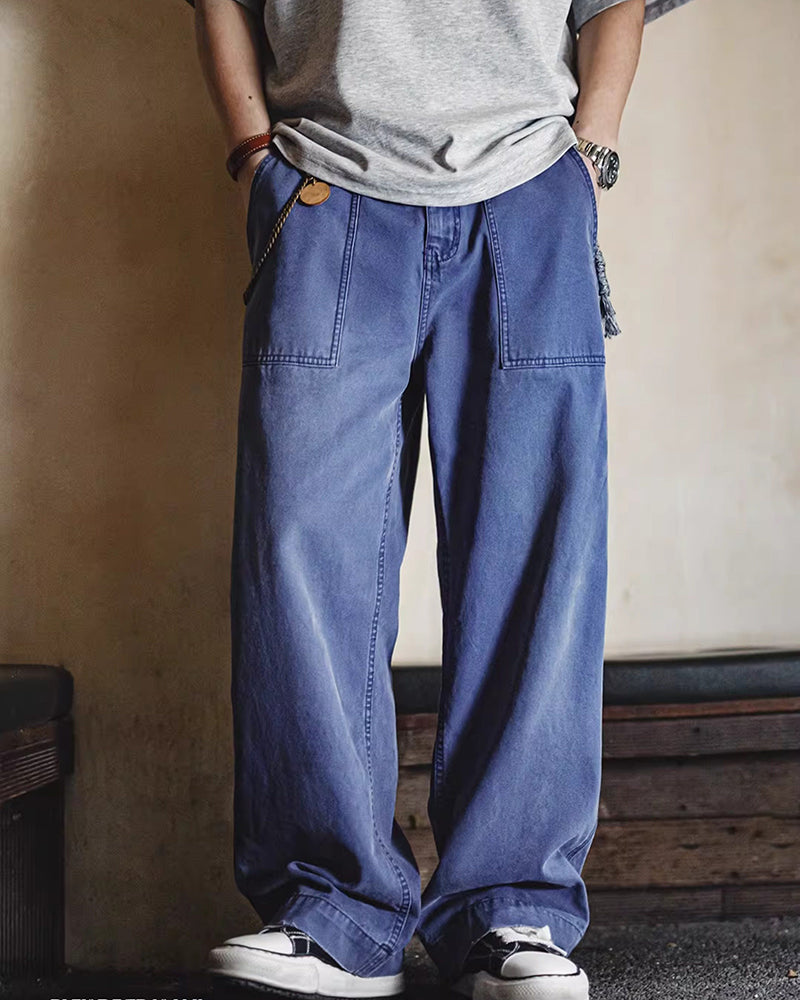 Vintage Overalls Blue Washed Canvas Loose Straight Casual Pants