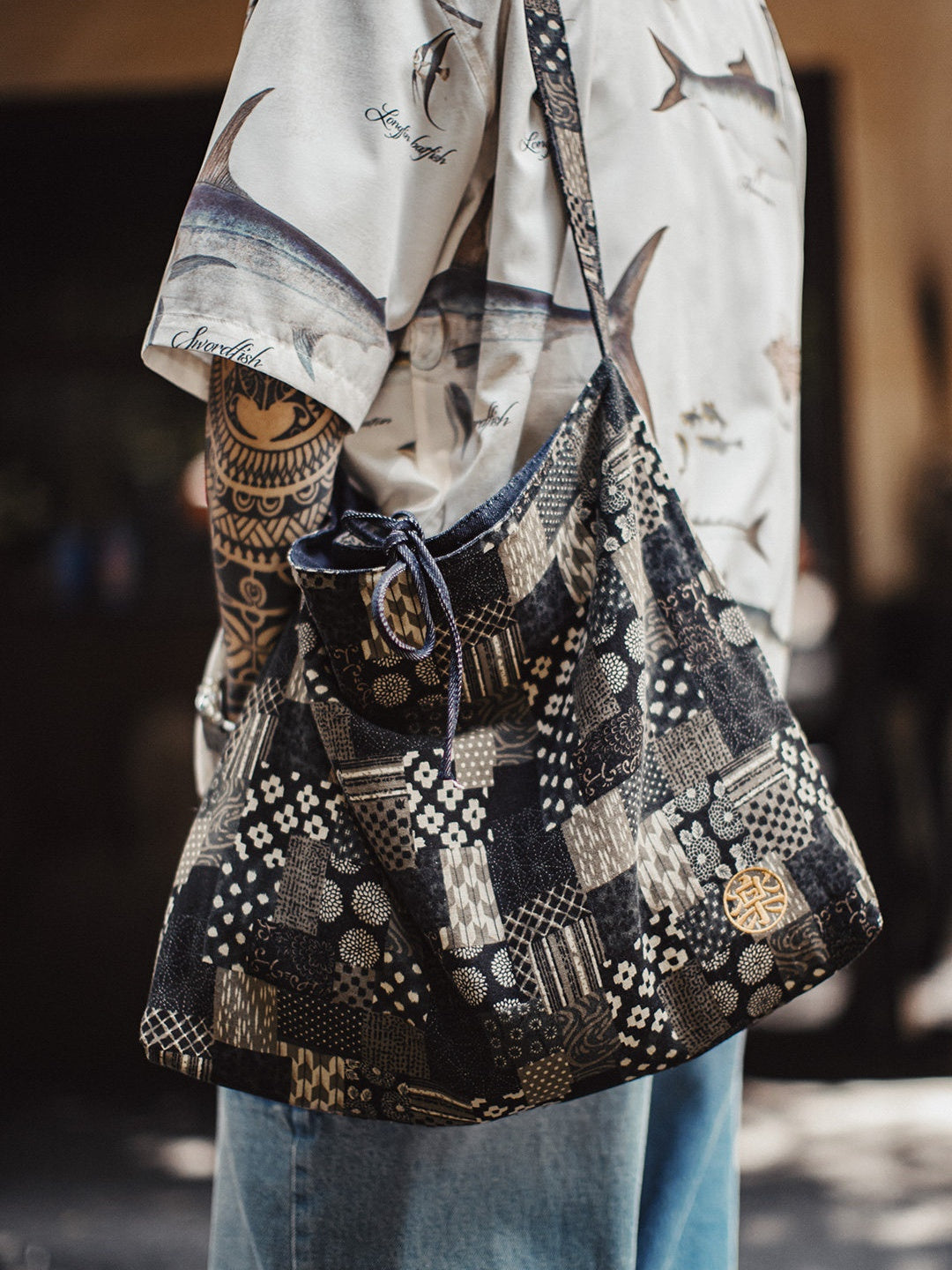 Vintage Cloth Double-Sided Denim Crossbody Bag Large Capacity Tote Bag