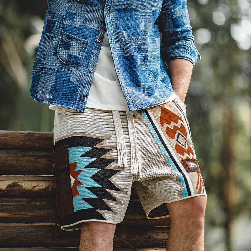 Men's Embroidery Geometric Navajo Totem Shorts Drawstring Elastic Waist Shorts