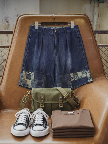Retro Boro Style Washed Denim Cloth Spliced Denim Shorts