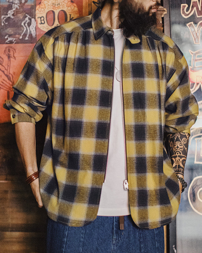 Vintage Plaid Zip Shirt Lapel Cotton Jacket Cardigan