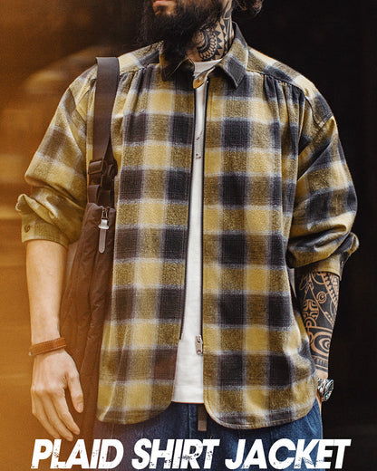 Vintage Plaid Zip Shirt Lapel Cotton Jacket Cardigan
