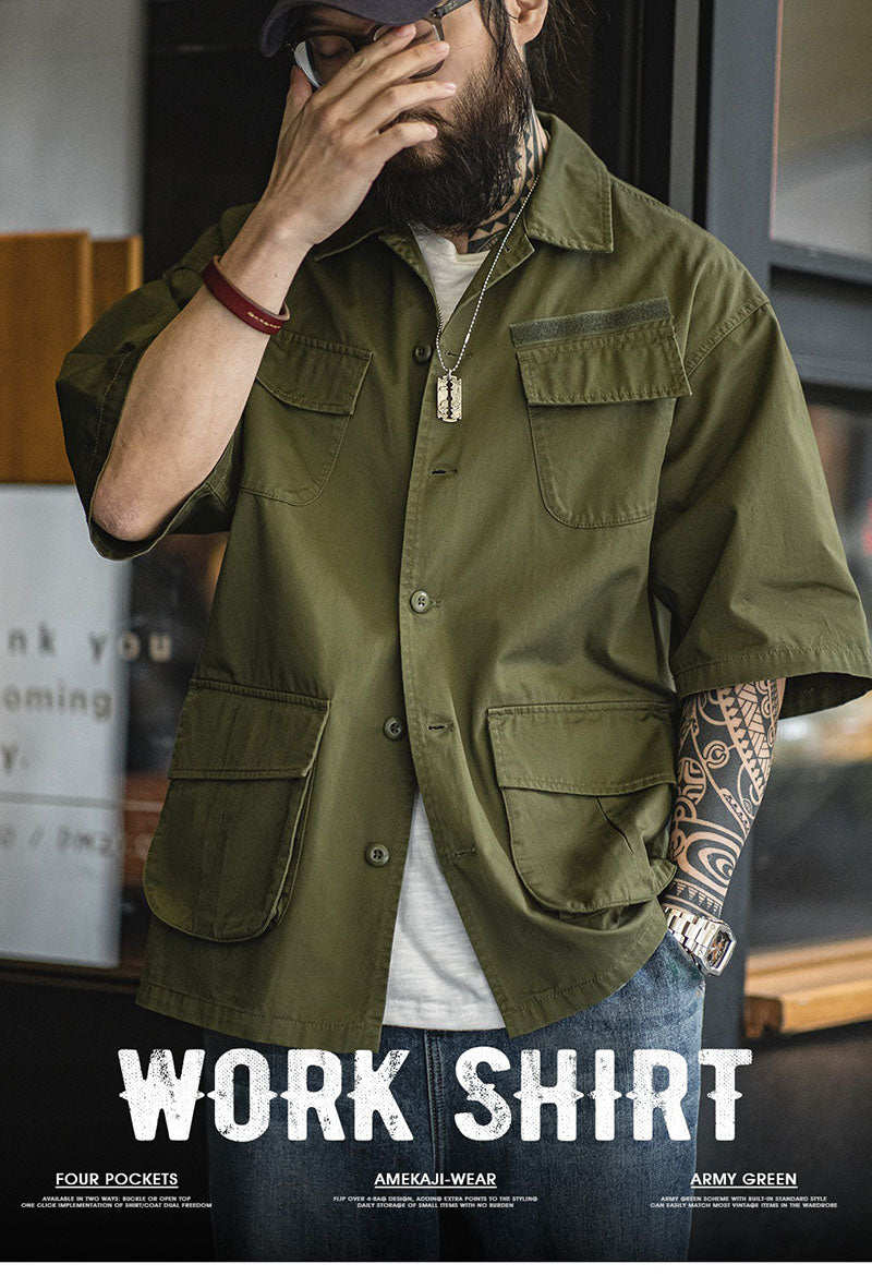 Retro Green Four-pocket Short-sleeved Shirt Military Style Shirt