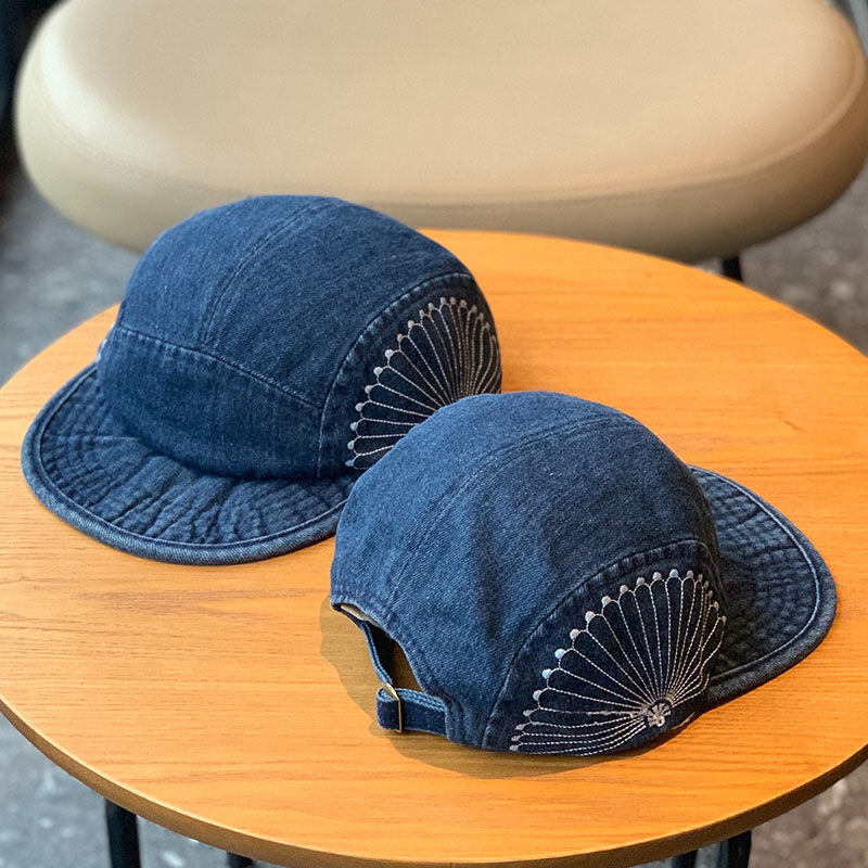 Retro Denim Embroidered Flip Hat Beret Adjustable Cap