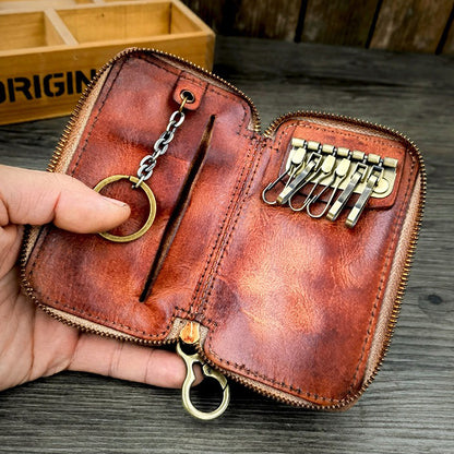 Retro Handmade Leather Zipper Key Wallets