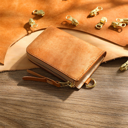 Retro Handmade Tanned Leather Short Zipper Wallet
