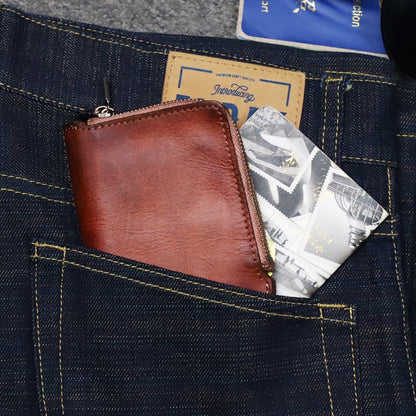 Retro Handmade Leather Zipper Solid Small Bifold Wallet