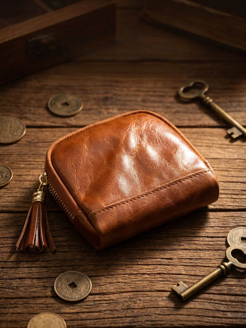 Retro Leather Handmade Zipper Short Wallets