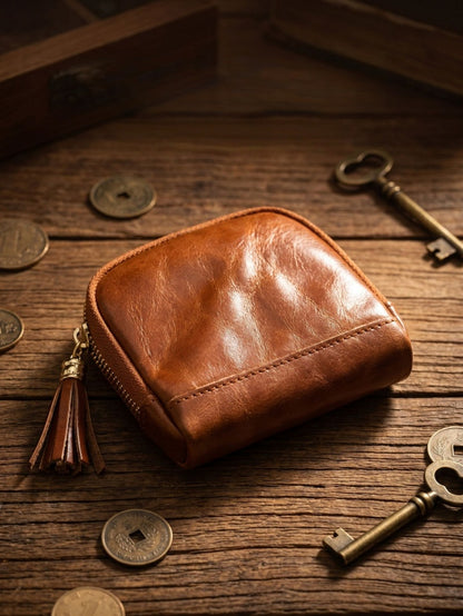 Retro Leather Handmade Zipper Short Wallets