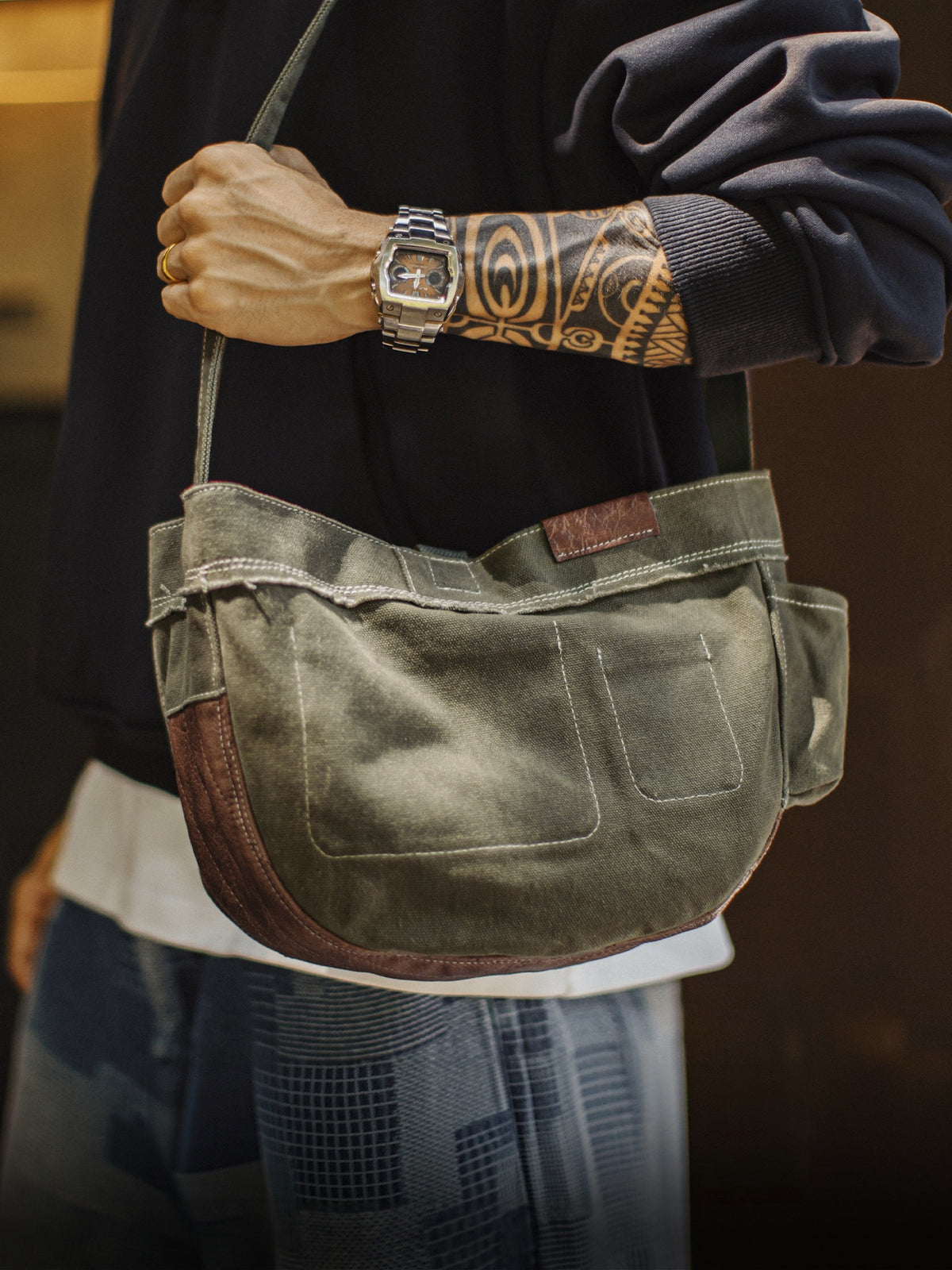 Vintage Stitching Shoulder Bag Army Green Crossbody Bag Large Capacity Commuter Bag