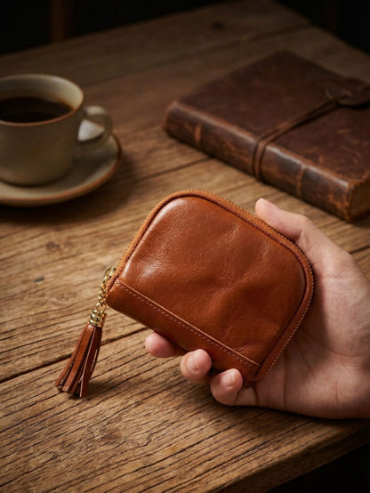 Retro Leather Handmade Zipper Short Wallets