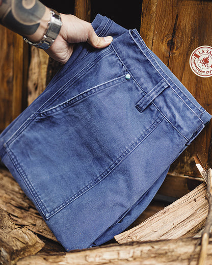Vintage Overalls Blue Washed Canvas Loose Straight Casual Pants