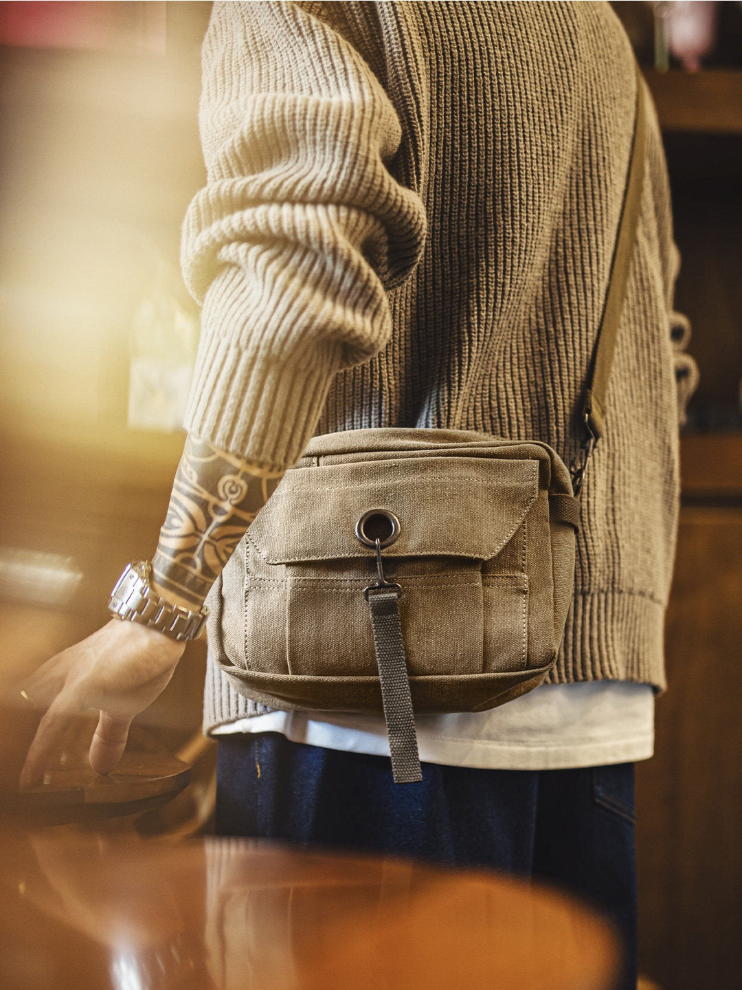 Retro Khaki Canvas Crossbody Bag Waist Bag