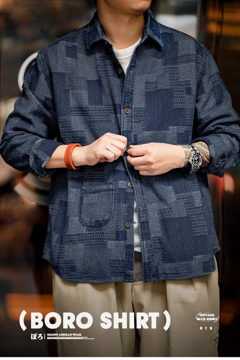 Retro Yarn-Dyed Denim Boro Shirts Autumn Jacket