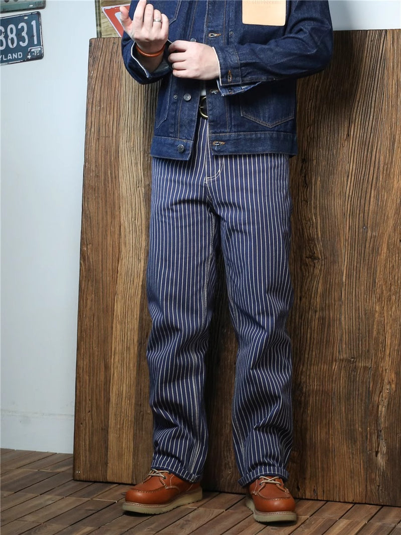 Retro Striped Denim Workwear Pants