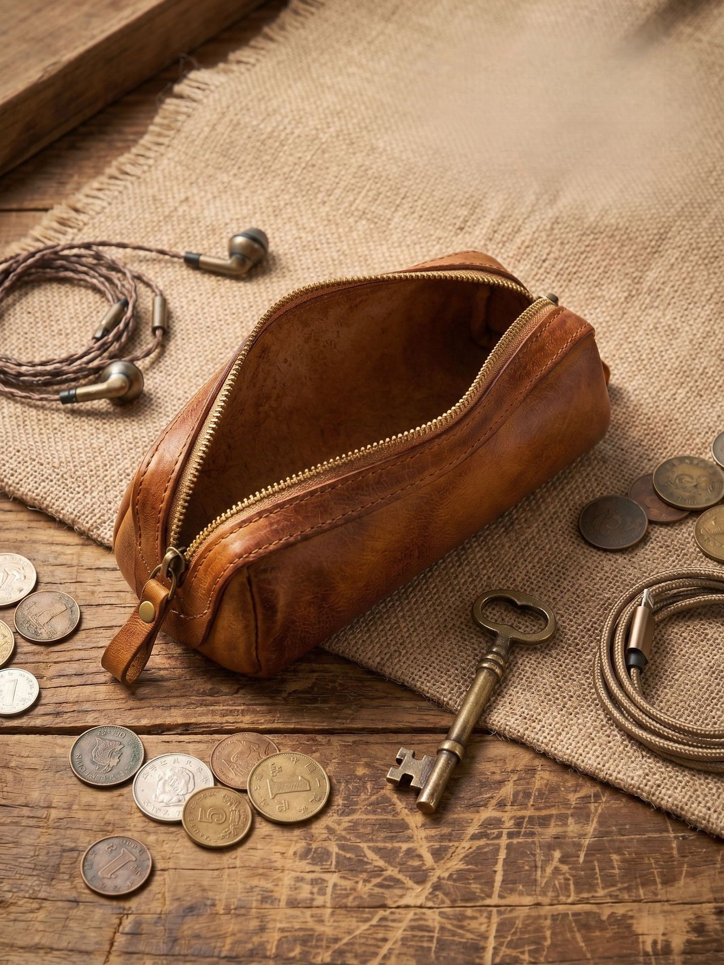 Retro Handmade Leather Pencil Case Travel Storage Bag Cosmetic Bag