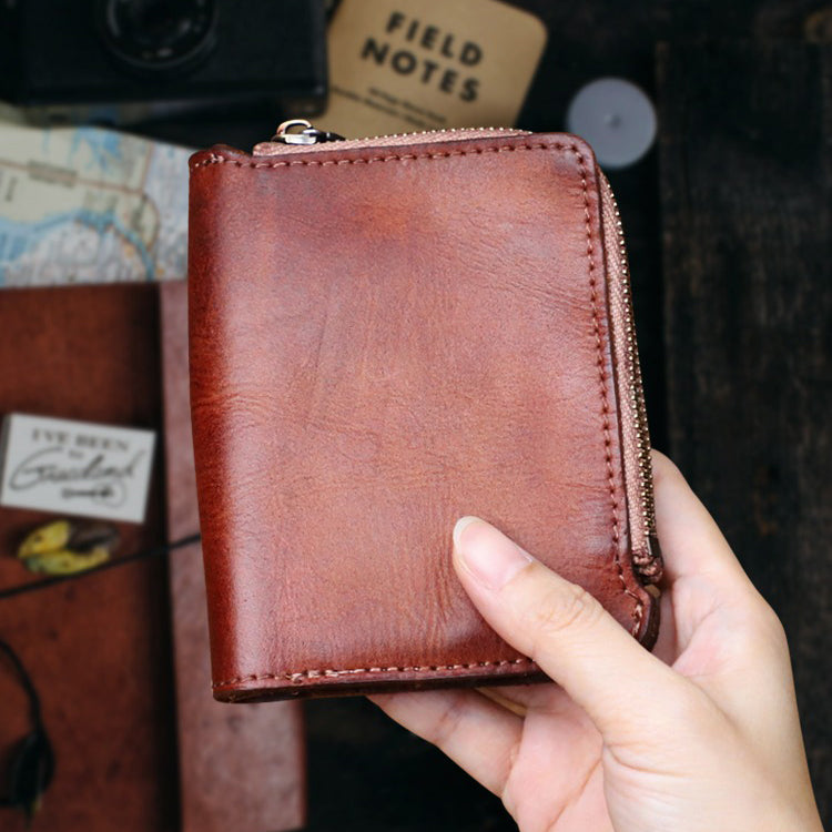 Retro Handmade Leather Zipper Solid Small Bifold Wallet