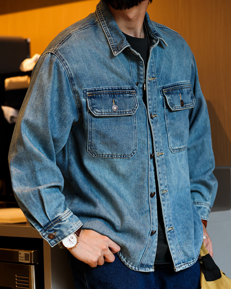 Vintage Washed Denim Shirt Work Jacket