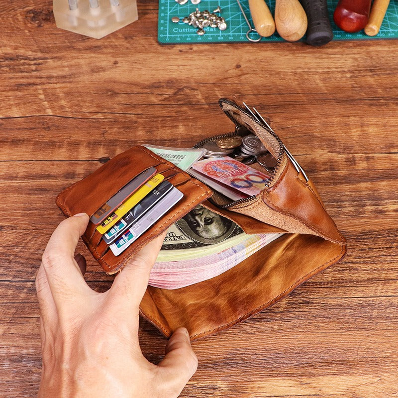Retro Handmade Leather Zipper Card Wallets