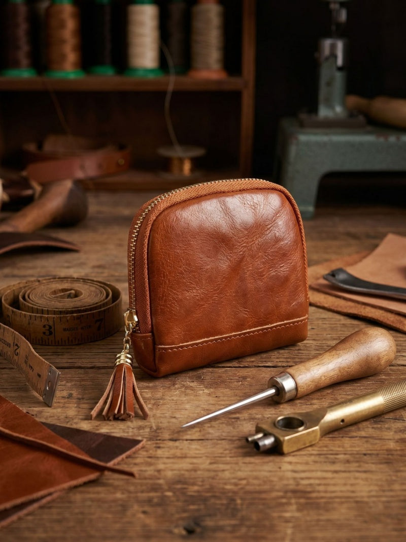 Retro Leather Handmade Zipper Short Wallets
