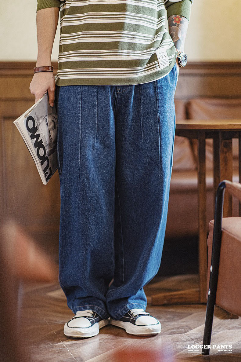 Retro Washed Denim Outline Baggy Wide-legged Casual Pants