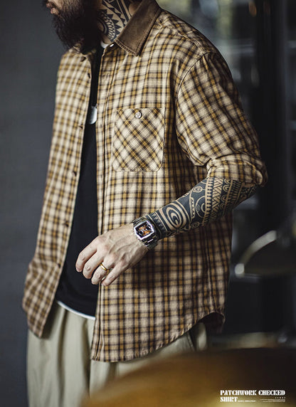 Retro Plaid Long-sleeved Shirt Corduroy Patchwork Lapel Shirt