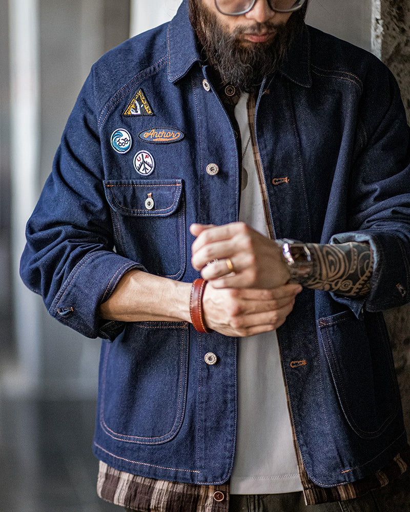 Retro Embroidered Badge Washed Denim Jacket