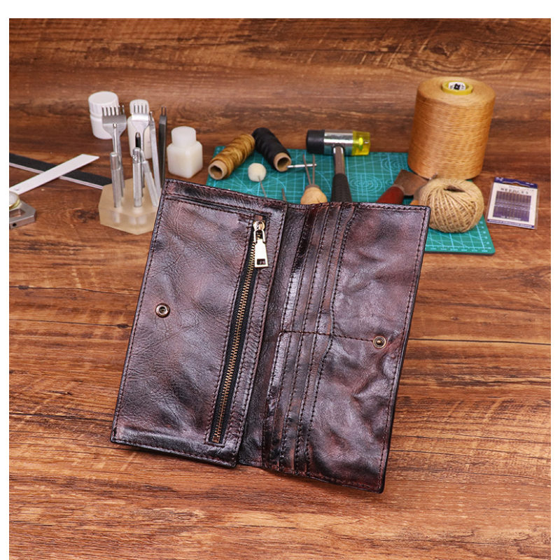 Handmade Vintage Long Wallet Made of Top-grain Vegetable-tanned Cowhide with Multiple Card Slots