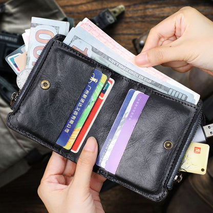 Retro Handmade Leather Zipper Solid Small Bifold Wallet