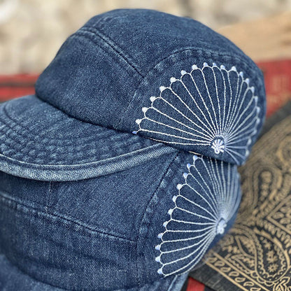 Retro Denim Embroidered Flip Hat Beret Adjustable Cap