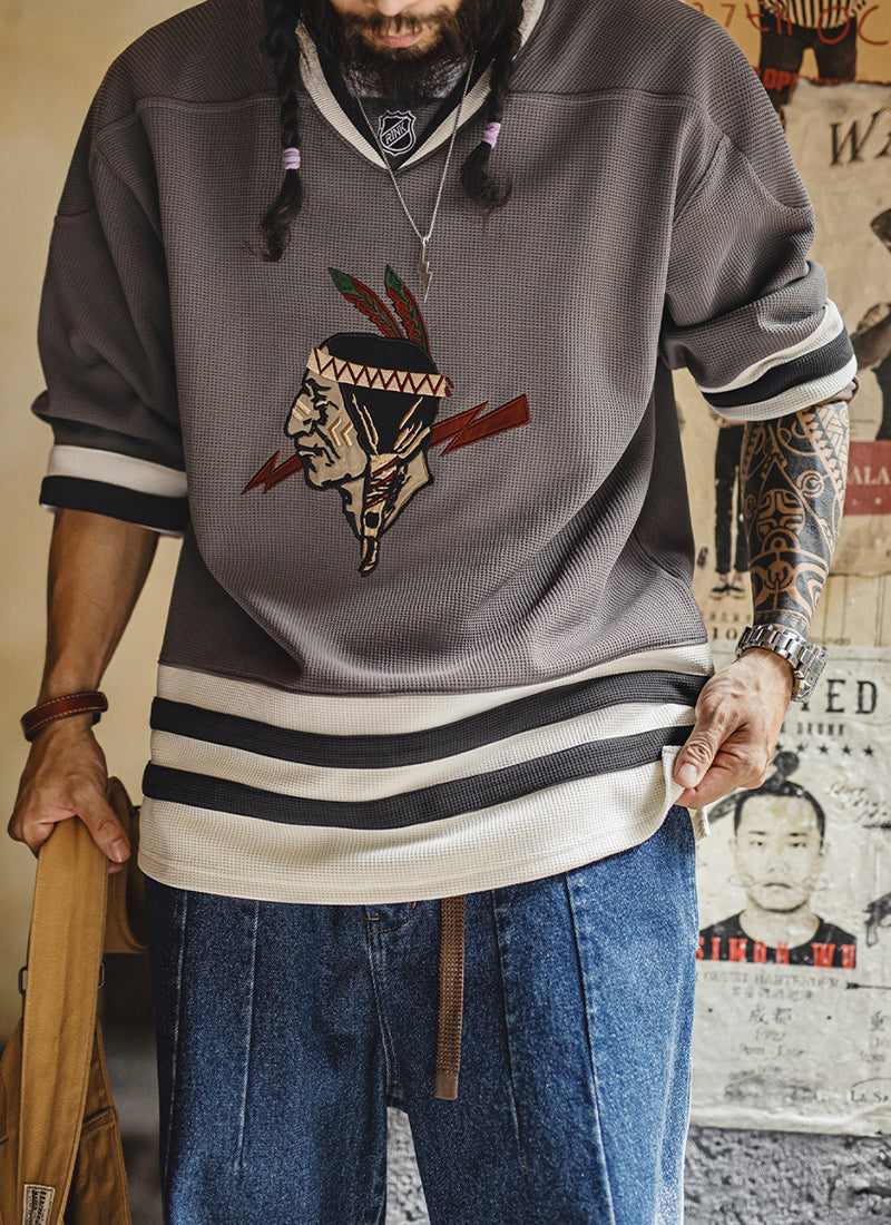 Retro V-neck Waffle Embroidered Knitted Sweatshirt Jacket